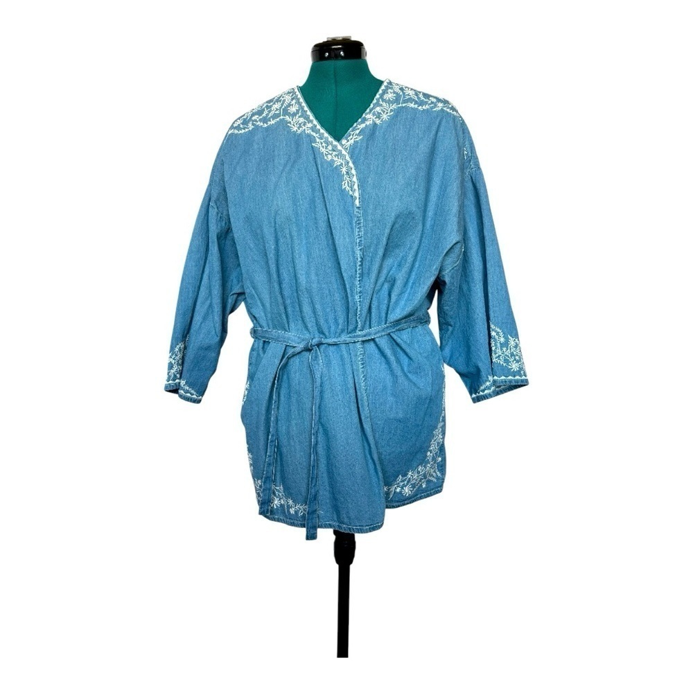 Coldwater Creek Blue Denim Kimono Wrap Top with White Embroidery Sz XL